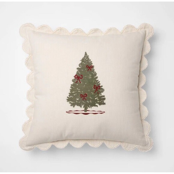 Threshold 20”x20” Embroidered Christmas Tree Holiday Scalloped Edge Throw Pillow - Picture 1 of 6